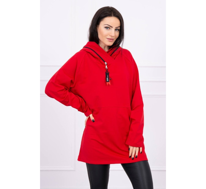 Oversize tunika na zips s kapucňou červená