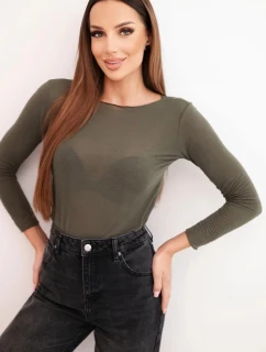 Dámska kašmírová blúzka s okrúhlym výstrihom a dlhými rukávmi khaki