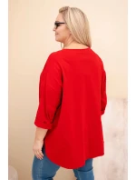 Dámská blůza Plus Size s bavlnou, kapsou a ohrnutým rukávem červená