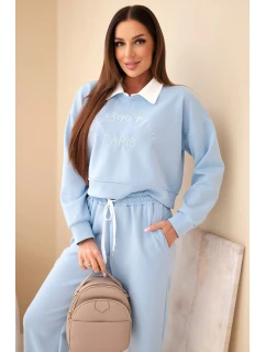 Dámska súprava mikiny s maslovým golierom a rovných nohavíc modrá