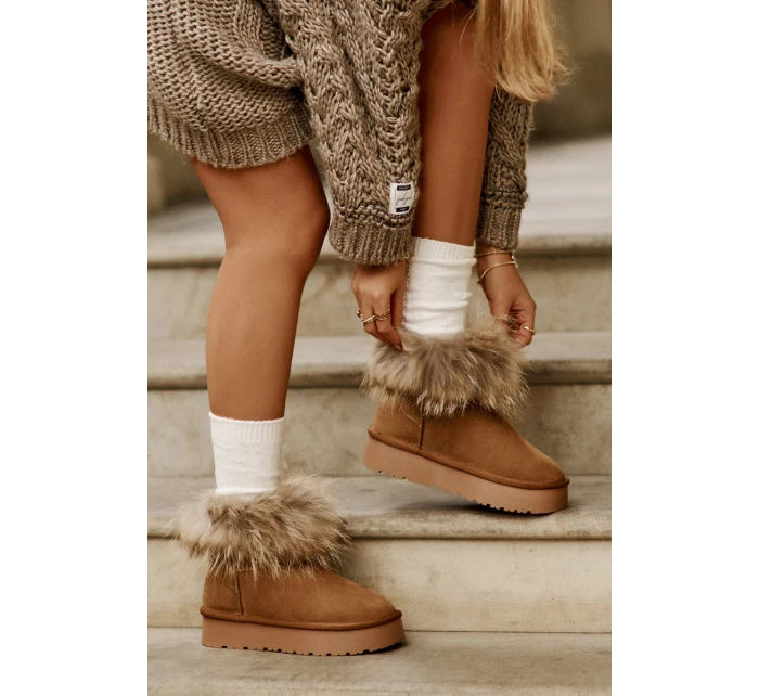 Skórzane Śniegowce Na Platformie Z Futerkiem Camel Avirisa