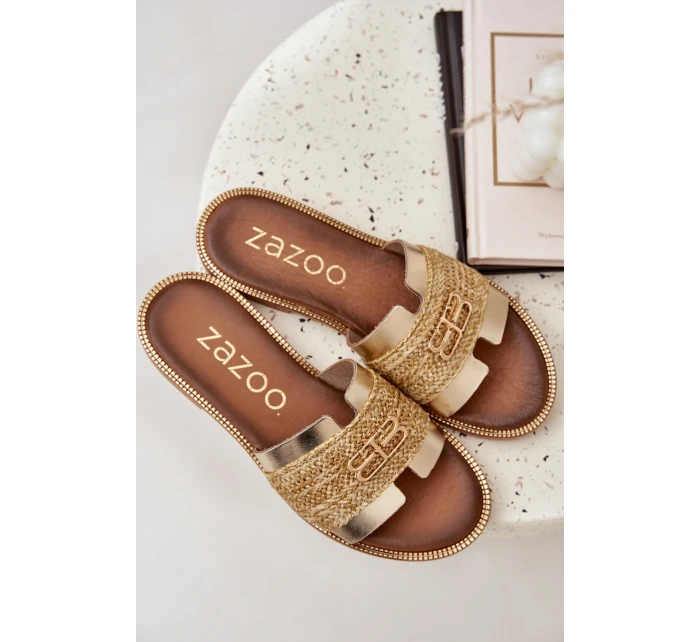 Skórzane Klapki Z Ozdobnym Detalem I Plecionką Zazoo 40426 Złote