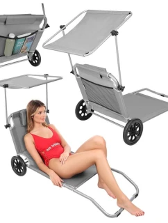 Skladacie plážové lehátko so strieškou na kolieskach 116x62x62-90 cm sivé