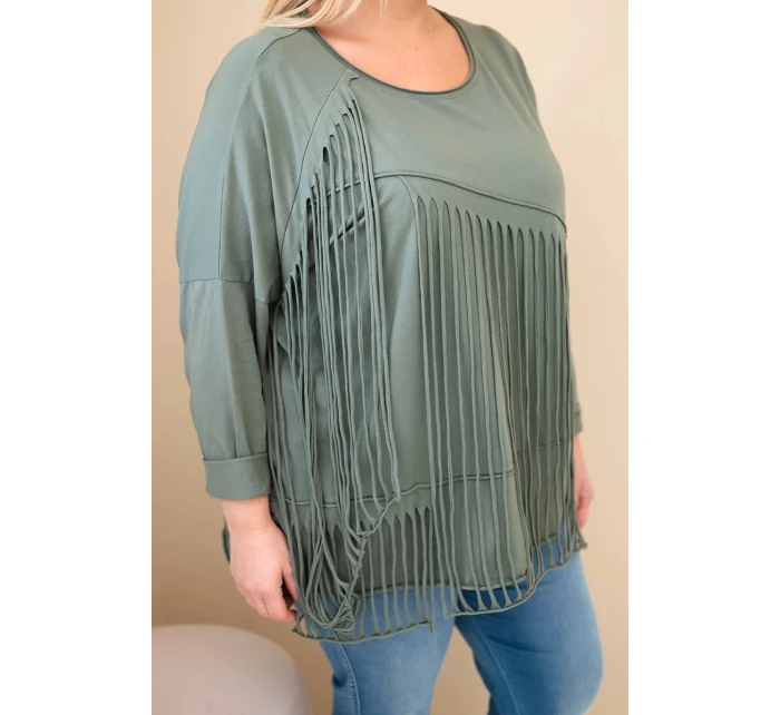 Dámská bavlněná blůza Plus Size s třásněmi khaki