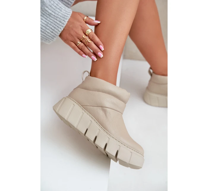 Zazoo 60470 Skórzane Botki Ocieplane Wełną Na Platformie Jasnobeżowe