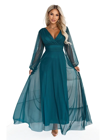 – elegantní maxi šaty s výstřihem do V – mořská zelená model 22342737 - numoco basic