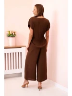Viskózová súprava plisovaná blúzka + nohavice hnedá