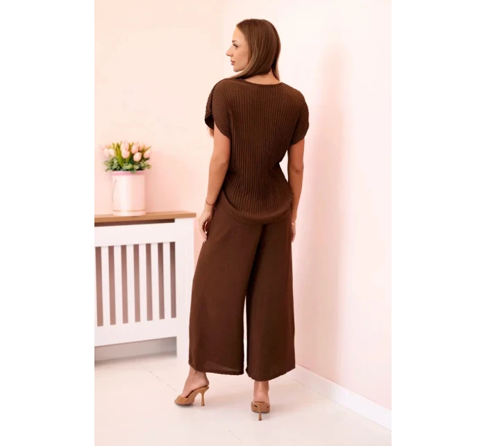 Viskózová súprava plisovaná blúzka + nohavice hnedá