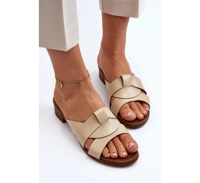 Zazoo 40236 Skórzane Klapki Damskie Na Niskim Obcasie Beżowe