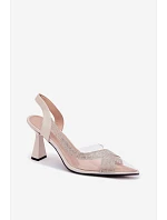 Priehľadné sandále na podpätku s kamienkami Vinceza 62282 light beige