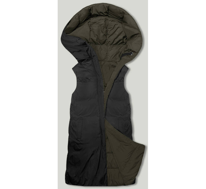 Kaki-čierna obojstranná oversize vesta s kapucňou (V724)