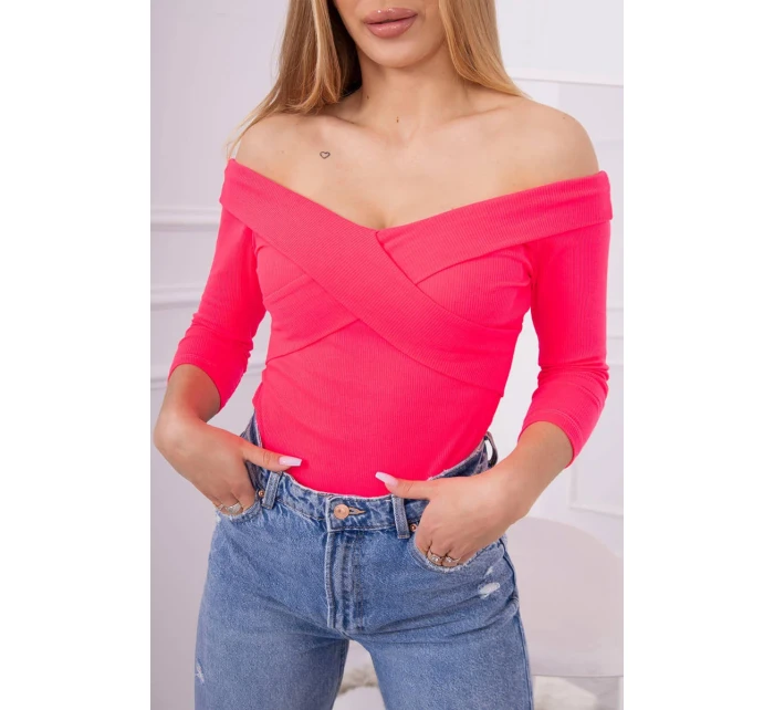 Halenka s výstřihem do V růžová neonová Halenka s výstřihem do V růžová neonová