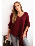 Dámský asymetrický svetr z vlny Plus Size s výstřihem do V bordový