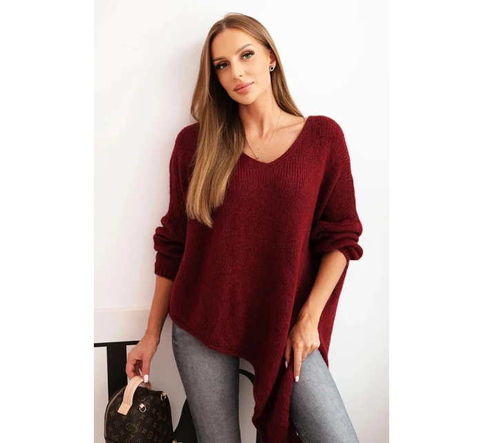 Dámský asymetrický svetr z vlny Plus Size s výstřihem do V bordový