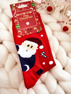 Pánske vianočné bavlnené ponožky so Santa Clausom a sobmi červené