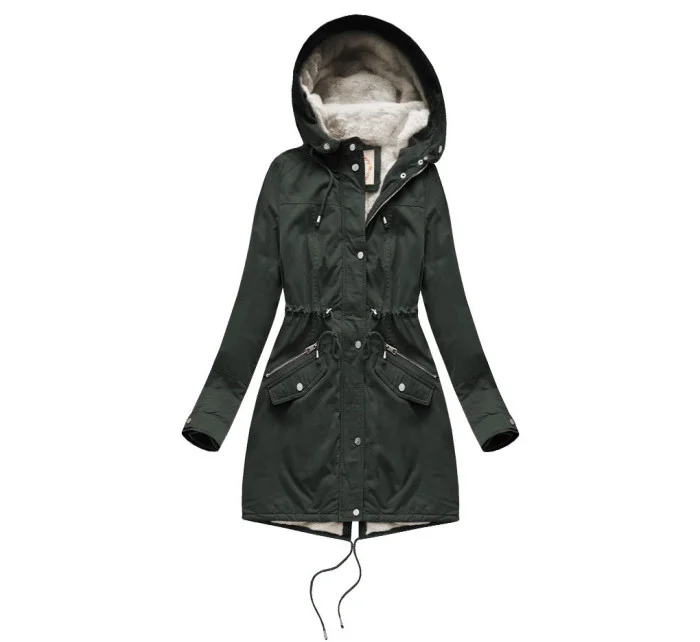 Dámska zimná bunda parka v army farbe s podšívkou z machovej kožušiny a kapucňou (7602BIG) Dámska zimná bunda parka v army farbe s podšívkou z machovej kožušiny a kapucňou (7602BIG)