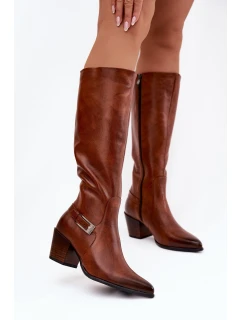 Kožené Kozačky Na Podpatku S Přezkou Zateplené Zazoo 70156 Hnědé