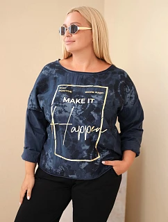 Dámská bavlněná plus size halenka s potiskem a výstřihem U modrá