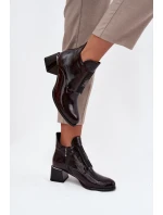 Skórzane Lakierowane Botki Na Klocku Z Ozdobnym Detalem Ocieplane Zazoo 60560 Bordowe