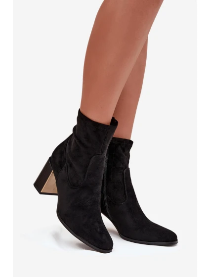 Dámske čižmy Amelisse - čierne, na podpätku, zateplené so zlatými detailmi