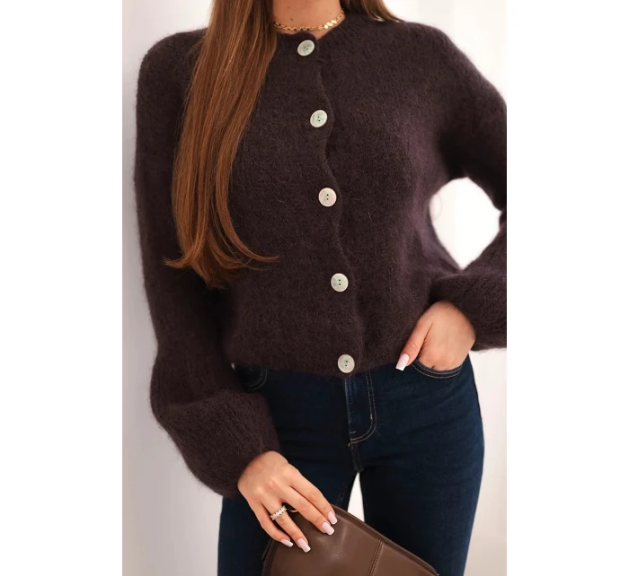 Dámský svetr s mohérem na knoflíky s model 21803185 rukávem hnědý - K-Fashion Dámský svetr s mohérem na knoflíky s model 21803185 rukávem hnědý - K-Fashion