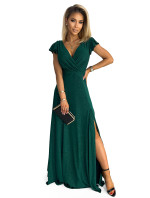 Dámske dlhé trblietavé šaty s výstrihom CRYSTAL - zelené