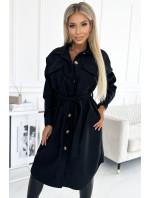 Teplý čierny dámsky kabát s vreckami, gombíkmi a zaväzovaním v páse 493-2