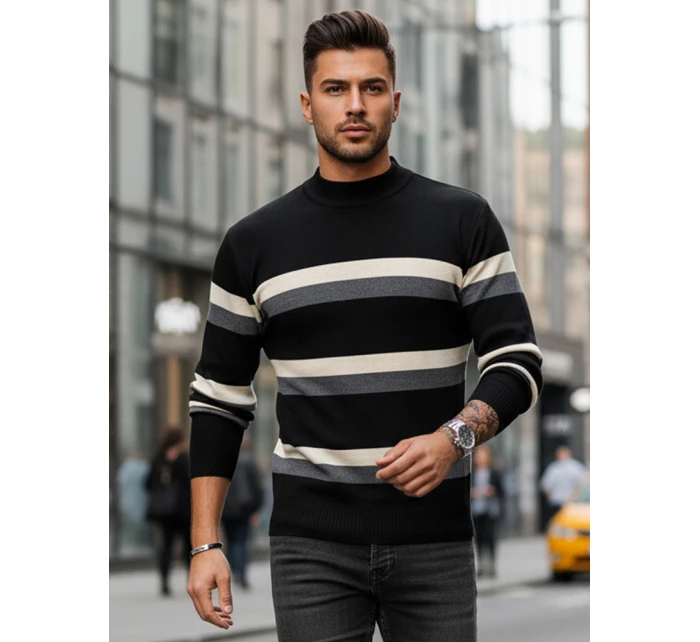 Pánsky pruhovaný sveter s polovičným rolákom čierny FashionStreet WX2127