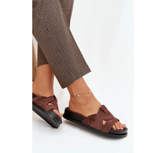 Dámské pantofle Eko semiš s pásky tmavě hnědé Marivessa