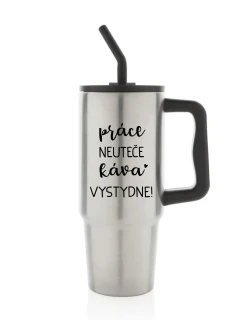 PRÁCE NEUTEČE, KÁVA VYSTYDNE! - stříbrný cestovní termohrnek 900 ml