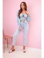 Dámska španielska blúzka s kvetinovým vzorom, dlhý rukáv, modrá