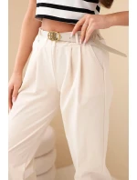 Dámske bavlnené nohavice s vysokým pásom a opaskom béžovej farby