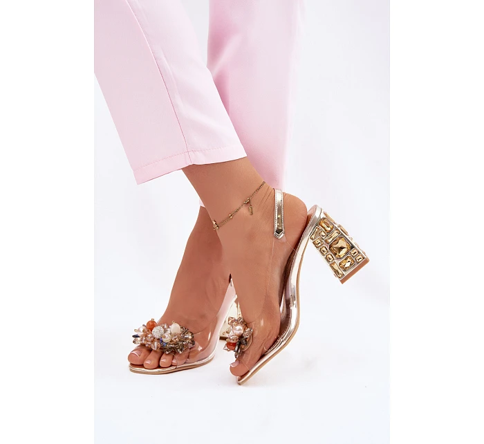 Průhledné sandály na podpatku s krystaly Vinceza 70121 zlaté