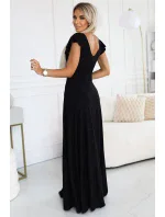 411-12 CRYSTAL lesklé dlhé šaty s výstrihom - BLACK 411-12 CRYSTAL lesklé dlhé šaty s výstrihom - BLACK