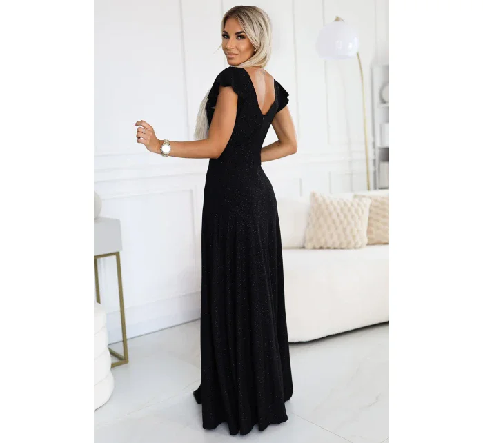 411-12 CRYSTAL lesklé dlhé šaty s výstrihom - BLACK 411-12 CRYSTAL lesklé dlhé šaty s výstrihom - BLACK