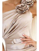 AURORA Béžové dlouhé dámské saténové šaty přes jedno s růžemi model 20762392 - numoco basic