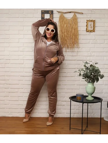 Dámske béžové tepláky plus size s kapucňou na zips (8216) Dámske béžové tepláky plus size s kapucňou na zips (8216)