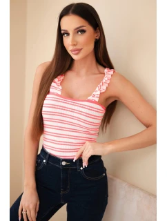 Dámská žebrovaná pruhovaná halenka na ramínkách s volánkem neonově růžová