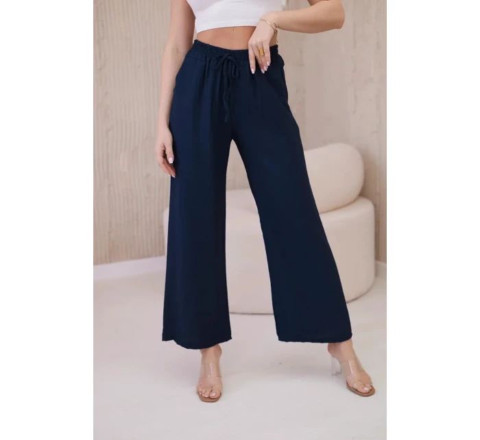 Viskózové nohavice so širokými nohavicami námornícka modrá