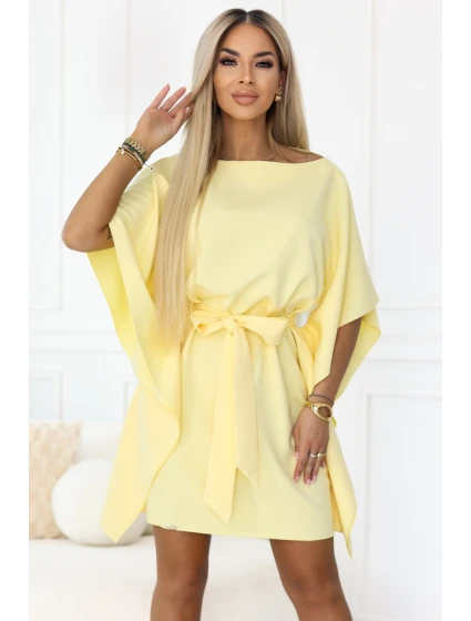 287-41 SOFIA Motýlie šaty so zaväzovaním v páse - pastelový citrón