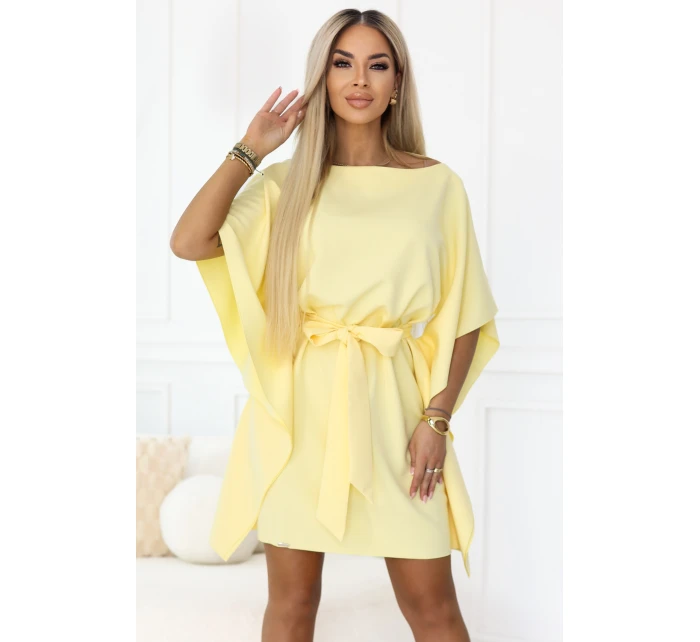 287-41 SOFIA Motýlie šaty so zaväzovaním v páse - pastelový citrón
