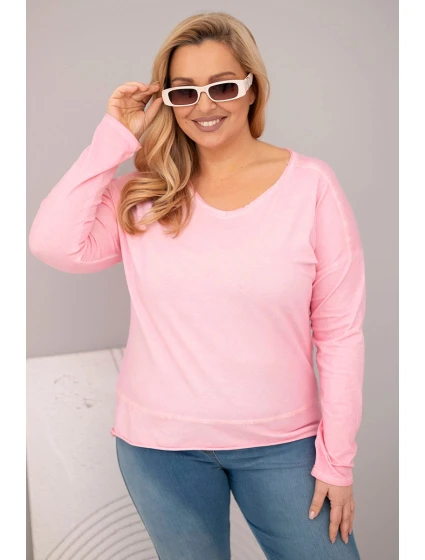 Dámská blůza Plus Size s V výstřihem a delším zadním dílem světle růžová