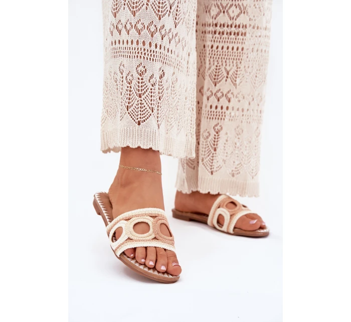 Szydełkowe Klapki Damskie Na Płaskim Obcasie Beżowe Nirina