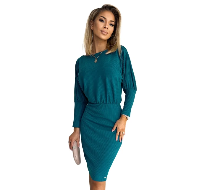 LARA Dámské žebrované šaty v mořské barvě se stahovacími lemy na rukávech model 17913674 - numoco