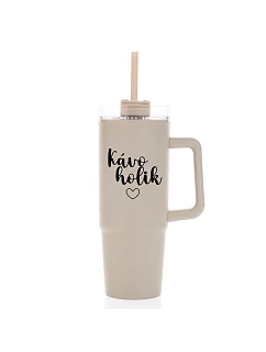 KÁVOHOLIK - béžový cestovný termohrnček s priehľadným viečkom 900 ml