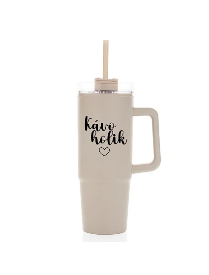 KÁVOHOLIK - béžový cestovný termohrnček s priehľadným viečkom 900 ml
