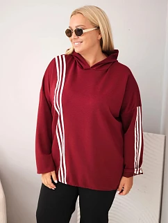 Dámska mikina Plus Size z viskózy s kapucňou a ozdobnými pruhmi, bordová farba
