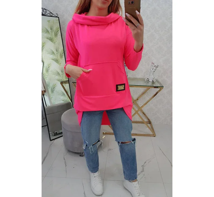 Mikina s dlhým chrbtom a kapucňou ružová neónová