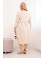 Dámská bavlněná šaty Plus Size s ohrnovacími rukávy a kapsami béžová