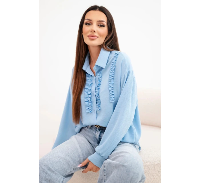 Dámská viskózová košile s dlouhým rukávem a volánky modrá